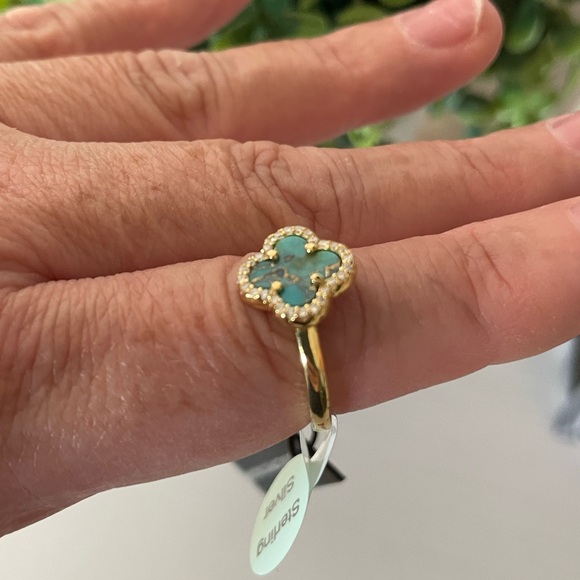 Brand New Gemolio Gold Over Sterling Silver Blue Copper Turquoise Clover 7 Ring - Picture 3 of 7